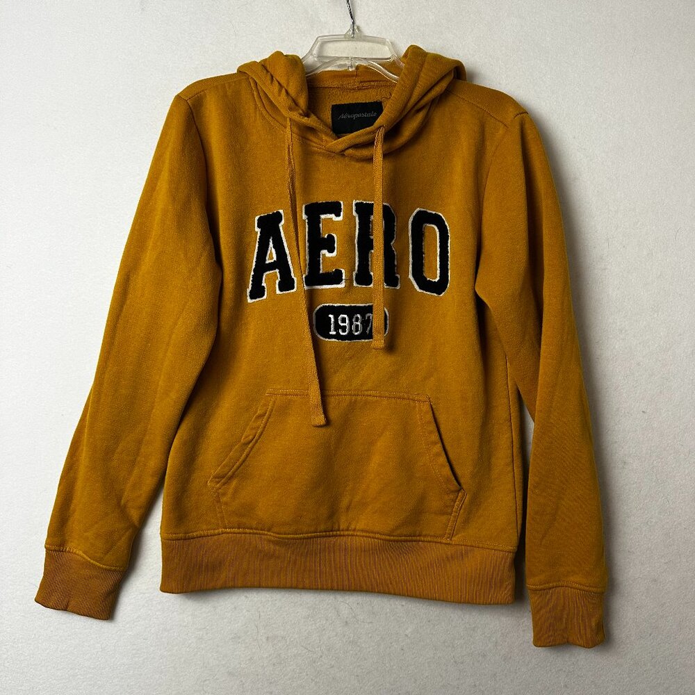 Aeropostale Mens M Mustard Yellow Aero 1987 Graphic Pullover Hoodie Sweatshirt